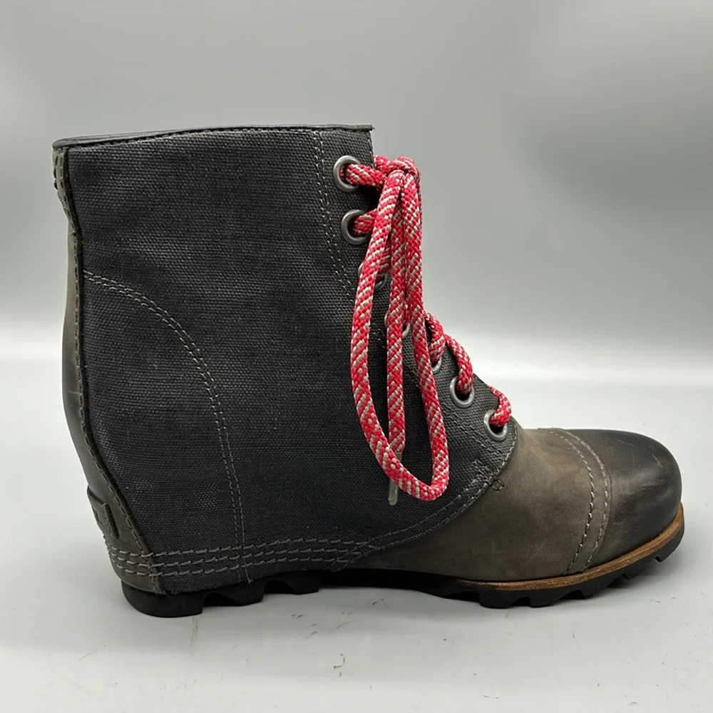SOREL PDX GRAY LEATHER CANVAS LUG SOLE HIDDEN WEDGE HEEL LACE UP BOOT SIZE 8.5 - Picture 5 of 10